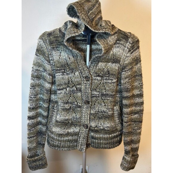 Calvin Klein Hooded Knit Cardigan WMNS M Multicolor Grunge Goblincore Cozy Green - Picture 3 of 9